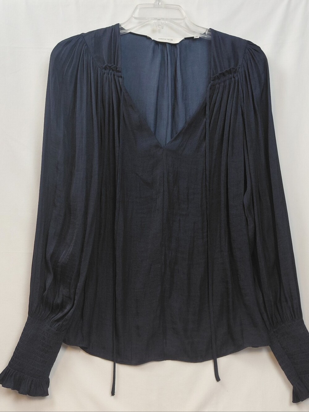 Rebecca Taylor Sateen Tie Front Blouse Size Large Navy Blue